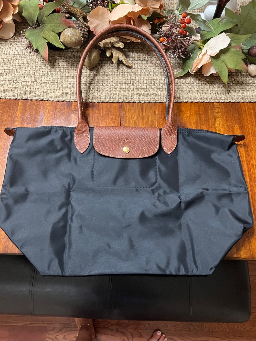 Longchamp Black Nylon Tote with Brown Leather Trim